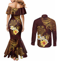 Polynesian Turtle Couples Matching Mermaid Dress and Long Sleeve Button Shirt Plumeria Hibiscus Pattern Oxblood LT03 - Polynesian Pride