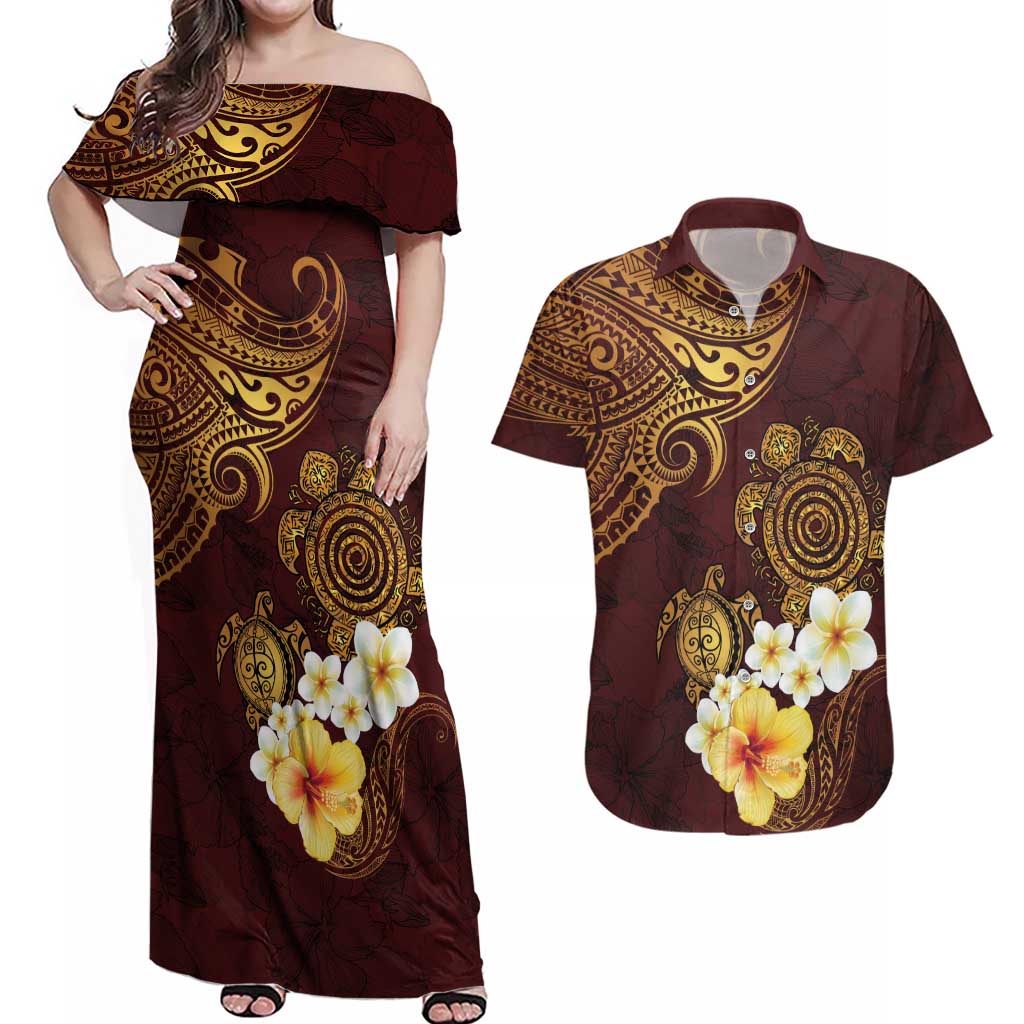 Polynesian Turtle Couples Matching Off Shoulder Maxi Dress and Hawaiian Shirt Plumeria Hibiscus Pattern Oxblood