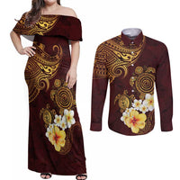 Polynesian Turtle Couples Matching Off Shoulder Maxi Dress and Long Sleeve Button Shirt Plumeria Hibiscus Pattern Oxblood LT03 Oxblood - Polynesian Pride