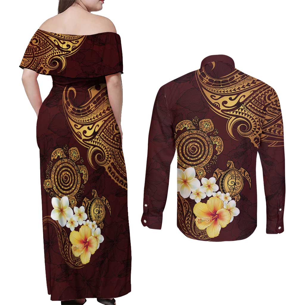 Polynesian Turtle Couples Matching Off Shoulder Maxi Dress and Long Sleeve Button Shirt Plumeria Hibiscus Pattern Oxblood LT03 - Polynesian Pride