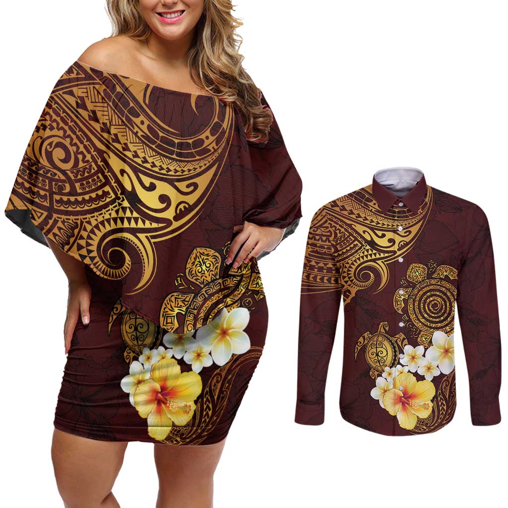 Polynesian Turtle Couples Matching Off Shoulder Short Dress and Long Sleeve Button Shirt Plumeria Hibiscus Pattern Oxblood LT03 Oxblood - Polynesian Pride