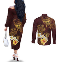 Polynesian Turtle Couples Matching Off The Shoulder Long Sleeve Dress and Long Sleeve Button Shirt Plumeria Hibiscus Pattern Oxblood LT03 - Polynesian Pride