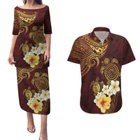 Polynesian Turtle Couples Matching Puletasi and Hawaiian Shirt Plumeria Hibiscus Pattern Oxblood