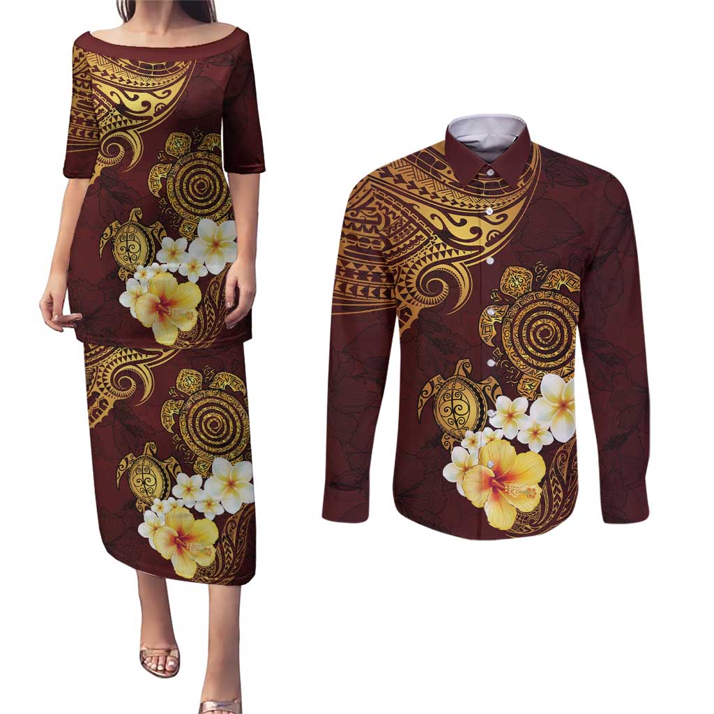 Polynesian Turtle Couples Matching Puletasi and Long Sleeve Button Shirt Plumeria Hibiscus Pattern Oxblood LT03 Oxblood - Polynesian Pride