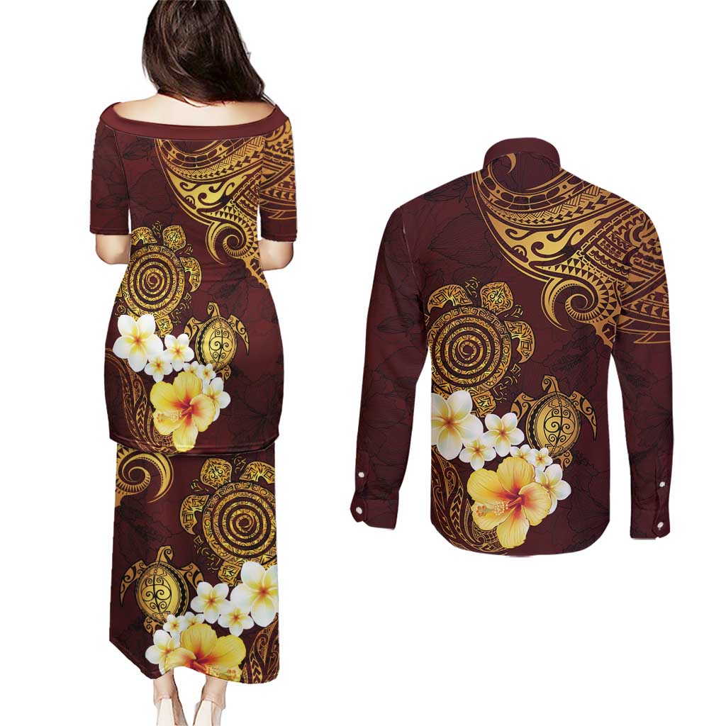 Polynesian Turtle Couples Matching Puletasi and Long Sleeve Button Shirt Plumeria Hibiscus Pattern Oxblood LT03 - Polynesian Pride