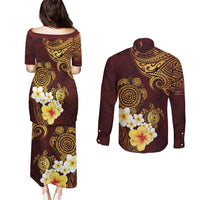 Polynesian Turtle Couples Matching Puletasi and Long Sleeve Button Shirt Plumeria Hibiscus Pattern Oxblood LT03 - Polynesian Pride