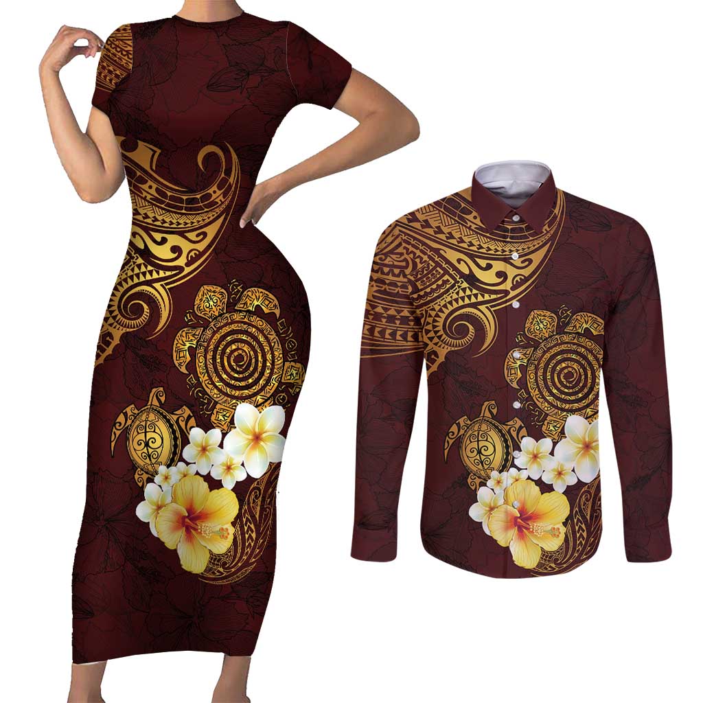 Polynesian Turtle Couples Matching Short Sleeve Bodycon Dress and Long Sleeve Button Shirt Plumeria Hibiscus Pattern Oxblood LT03 Oxblood - Polynesian Pride