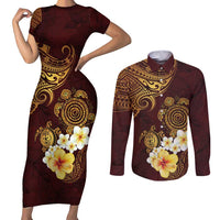 Polynesian Turtle Couples Matching Short Sleeve Bodycon Dress and Long Sleeve Button Shirt Plumeria Hibiscus Pattern Oxblood LT03 Oxblood - Polynesian Pride