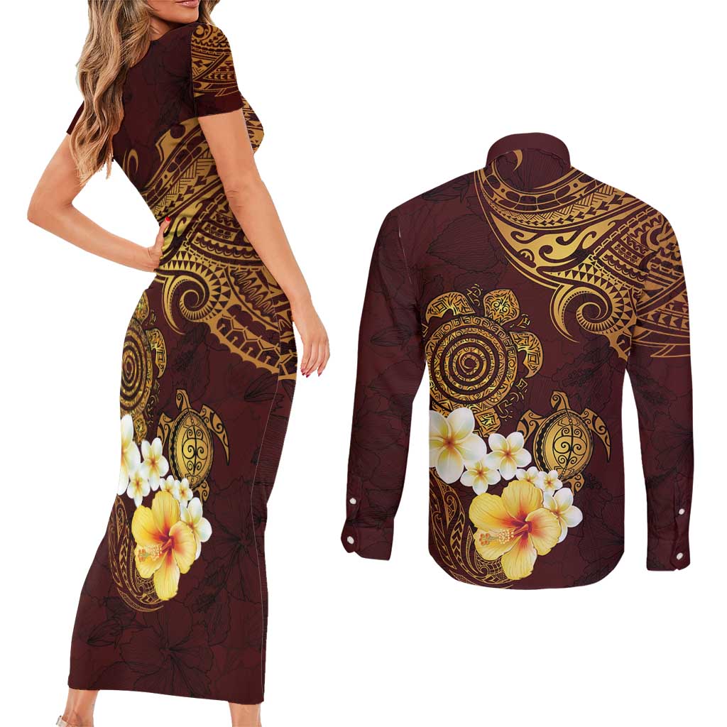 Polynesian Turtle Couples Matching Short Sleeve Bodycon Dress and Long Sleeve Button Shirt Plumeria Hibiscus Pattern Oxblood LT03 - Polynesian Pride