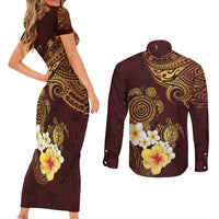 Polynesian Turtle Couples Matching Short Sleeve Bodycon Dress and Long Sleeve Button Shirt Plumeria Hibiscus Pattern Oxblood LT03 - Polynesian Pride