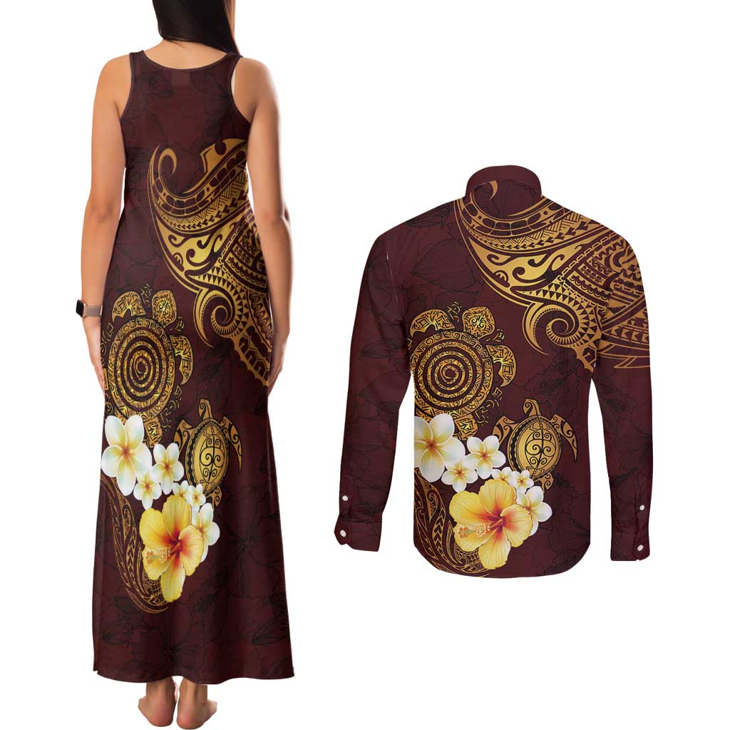 Polynesian Turtle Couples Matching Tank Maxi Dress and Long Sleeve Button Shirt Plumeria Hibiscus Pattern Oxblood LT03 - Polynesian Pride