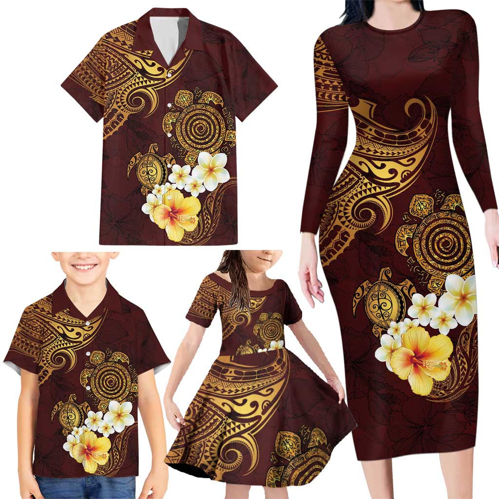 Polynesian Turtle Family Matching Long Sleeve Bodycon Dress and Hawaiian Shirt Plumeria Hibiscus Pattern Oxblood