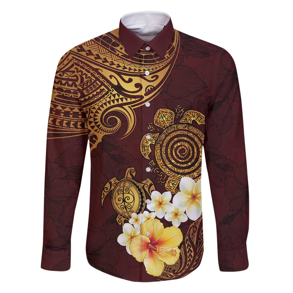 Polynesian Turtle Family Matching Long Sleeve Bodycon Dress and Hawaiian Shirt Plumeria Hibiscus Pattern Oxblood