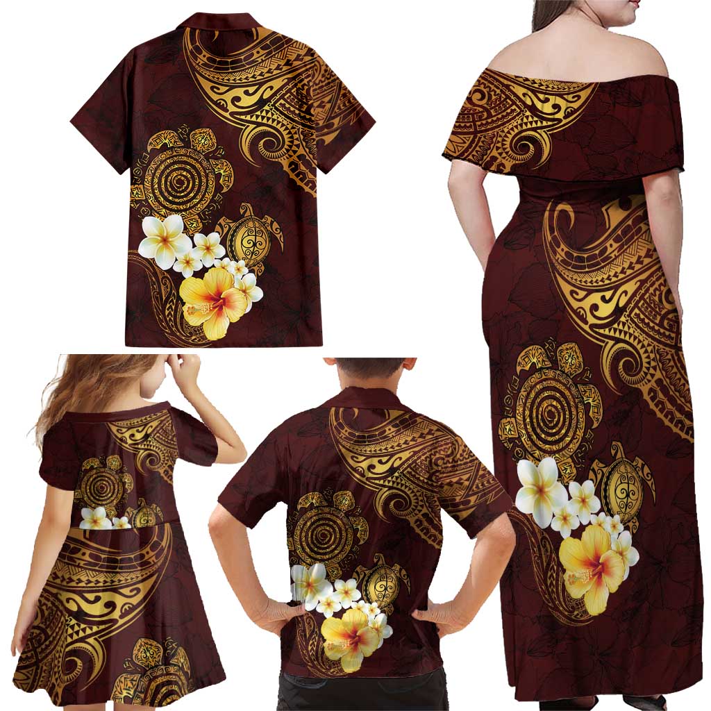 Polynesian Turtle Family Matching Off Shoulder Maxi Dress and Hawaiian Shirt Plumeria Hibiscus Pattern Oxblood