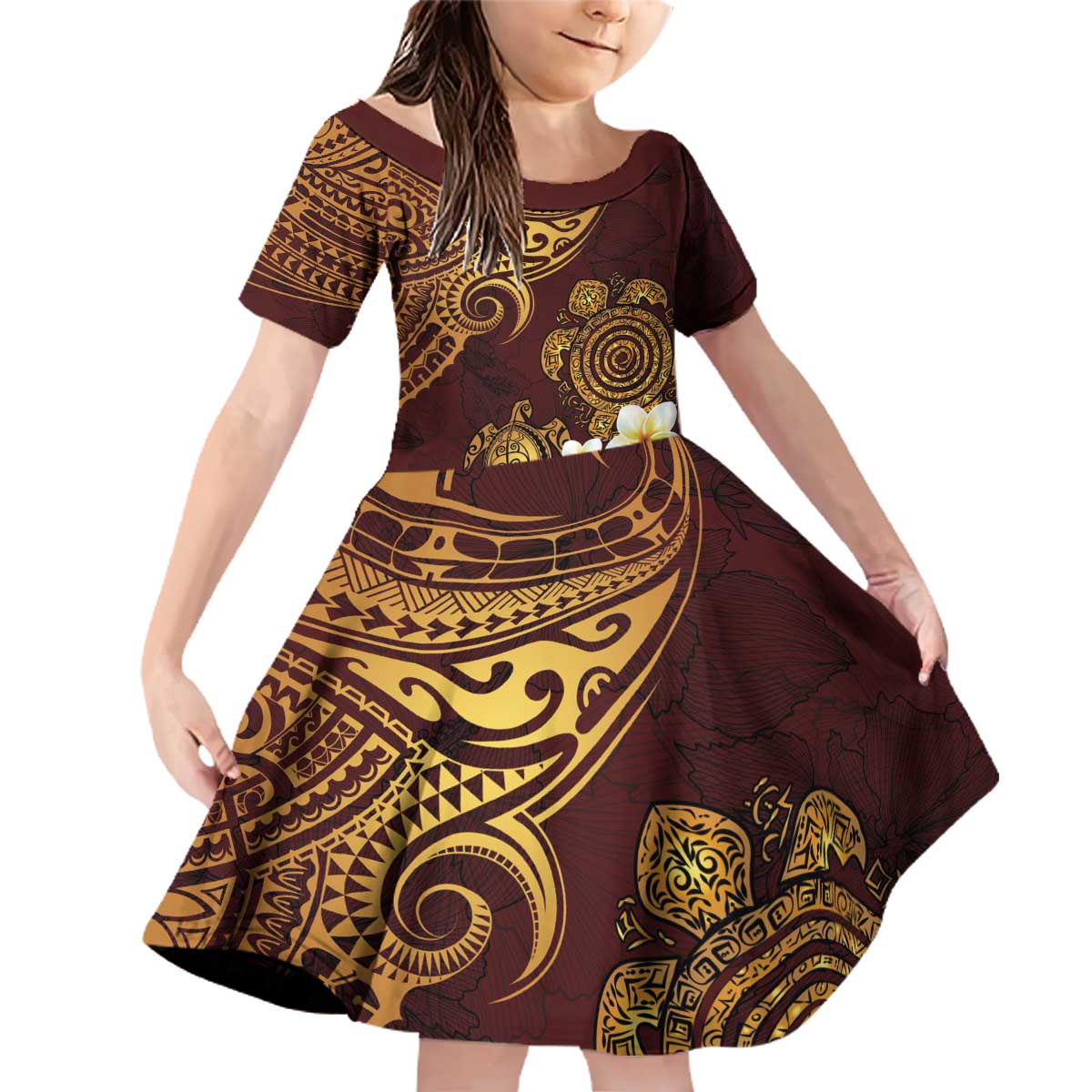 Polynesian Turtle Family Matching Off Shoulder Short Dress and Hawaiian Shirt Plumeria Hibiscus Pattern Oxblood