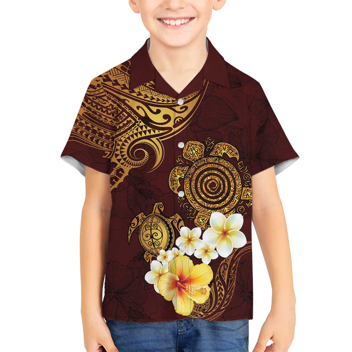 Polynesian Turtle Family Matching Off Shoulder Short Dress and Hawaiian Shirt Plumeria Hibiscus Pattern Oxblood