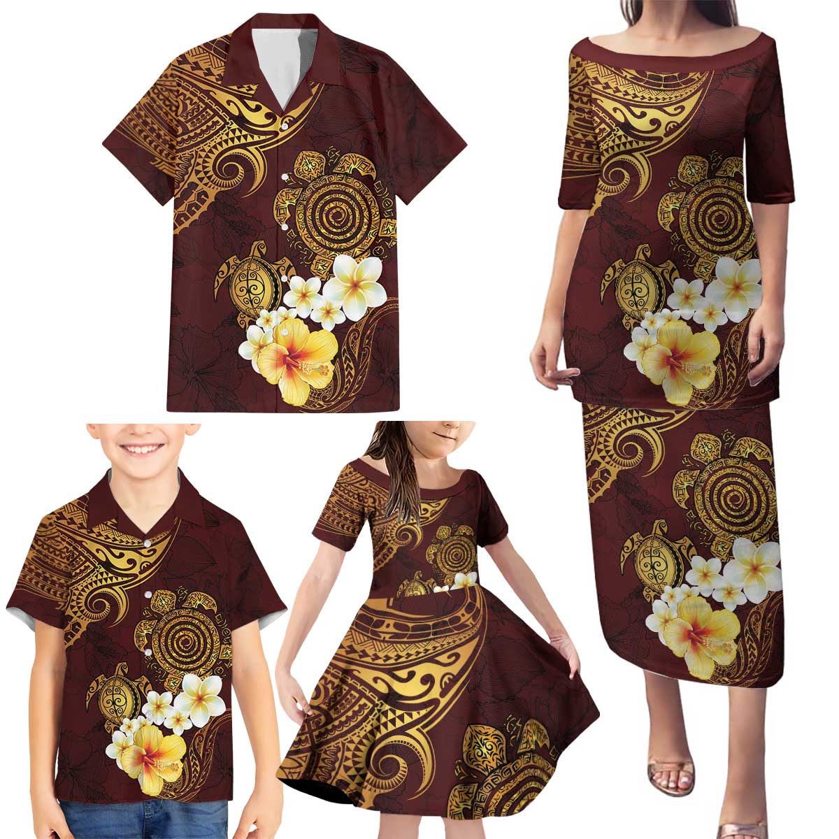 Polynesian Turtle Family Matching Puletasi and Hawaiian Shirt Plumeria Hibiscus Pattern Oxblood