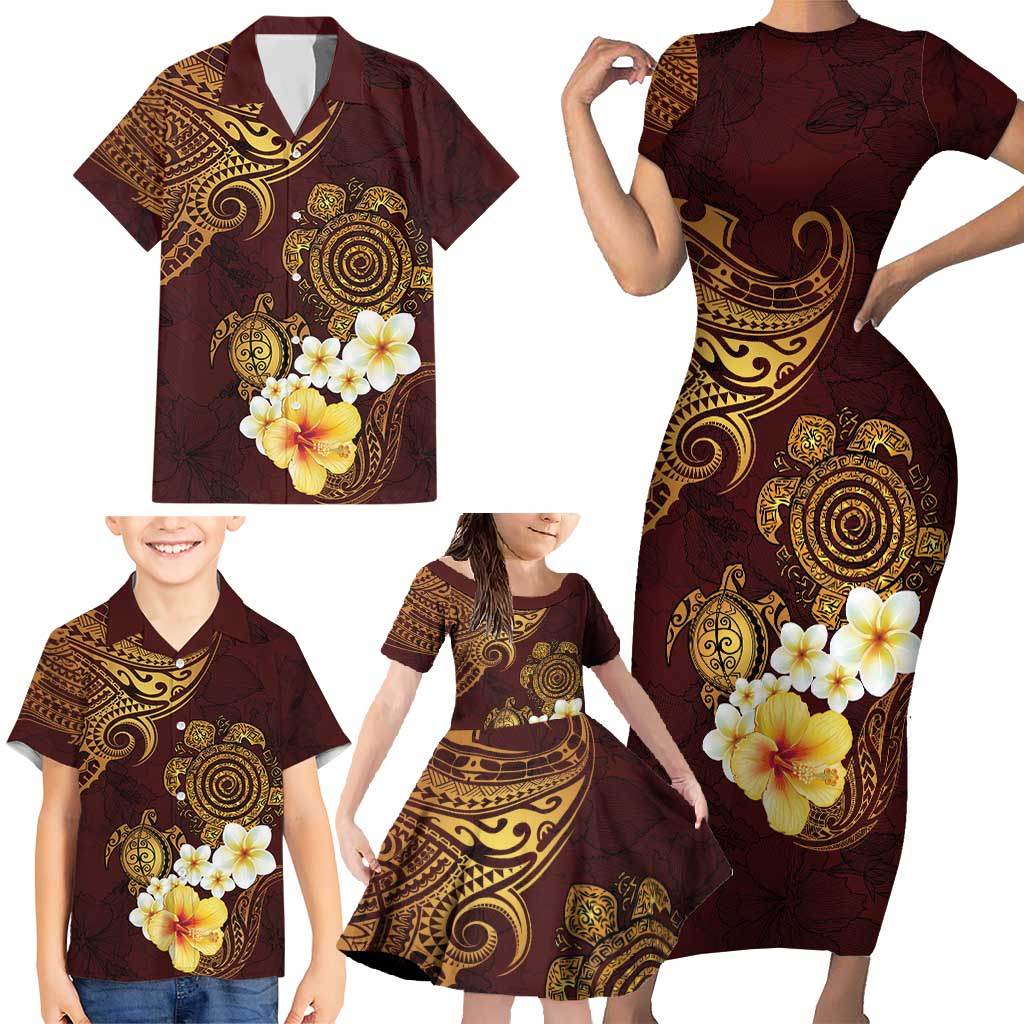 Polynesian Turtle Family Matching Short Sleeve Bodycon Dress and Hawaiian Shirt Plumeria Hibiscus Pattern Oxblood