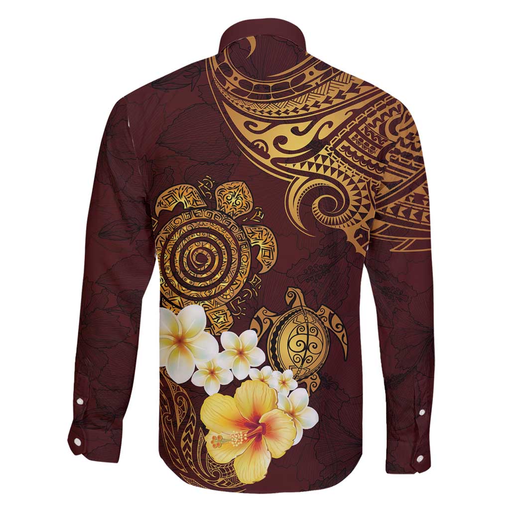 Polynesian Turtle Family Matching Short Sleeve Bodycon Dress and Hawaiian Shirt Plumeria Hibiscus Pattern Oxblood