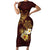 Polynesian Turtle Family Matching Short Sleeve Bodycon Dress and Hawaiian Shirt Plumeria Hibiscus Pattern Oxblood