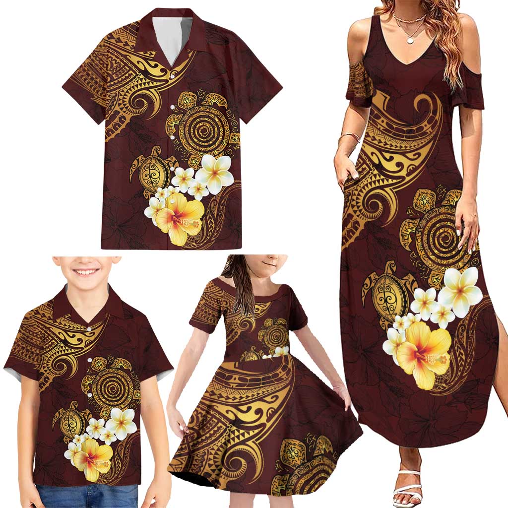 Polynesian Turtle Family Matching Summer Maxi Dress and Hawaiian Shirt Plumeria Hibiscus Pattern Oxblood