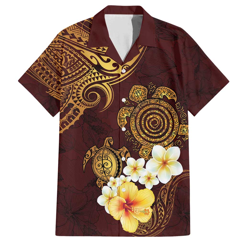 Polynesian Turtle Family Matching Tank Maxi Dress and Hawaiian Shirt Plumeria Hibiscus Pattern Oxblood LT03 Dad's Shirt - Short Sleeve Oxblood - Polynesian Pride