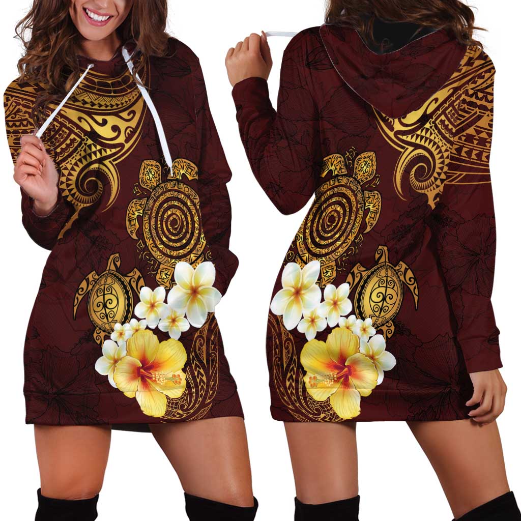 Polynesian Turtle Hoodie Dress Plumeria Hibiscus Pattern Oxblood LT03 - Polynesian Pride