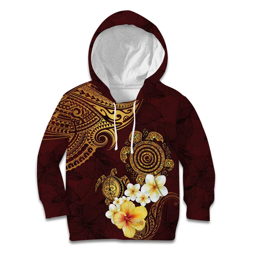 Polynesian Turtle Kid Hoodie Plumeria Hibiscus Pattern Oxblood