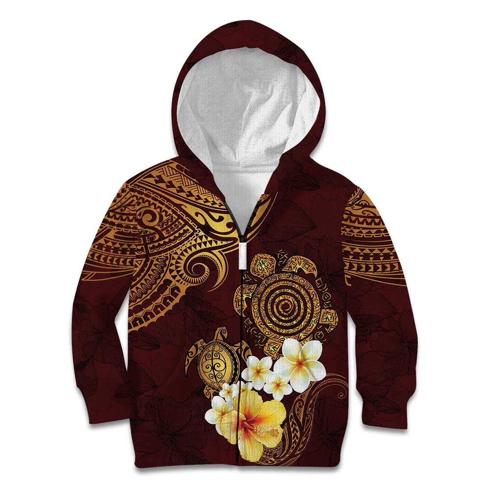 Polynesian Turtle Kid Hoodie Plumeria Hibiscus Pattern Oxblood