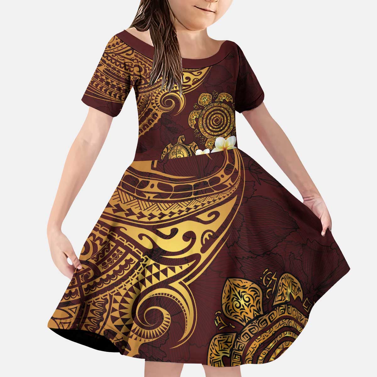 Polynesian Turtle Kid Short Sleeve Dress Plumeria Hibiscus Pattern Oxblood