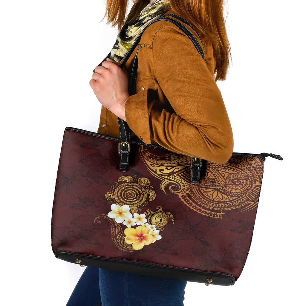 Polynesian Turtle Leather Tote Bag Plumeria Hibiscus Pattern Oxblood LT03 Oxblood - Polynesian Pride