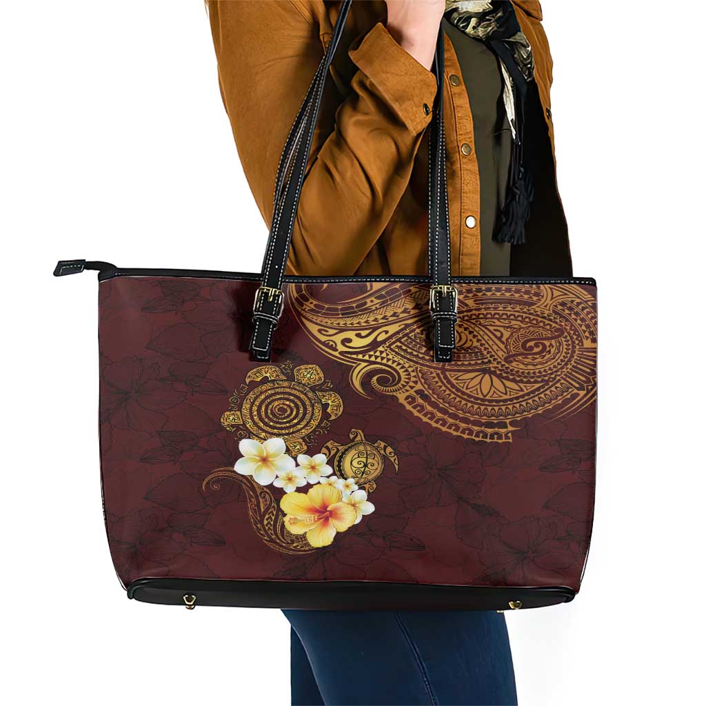Polynesian Turtle Leather Tote Bag Plumeria Hibiscus Pattern Oxblood LT03 - Polynesian Pride