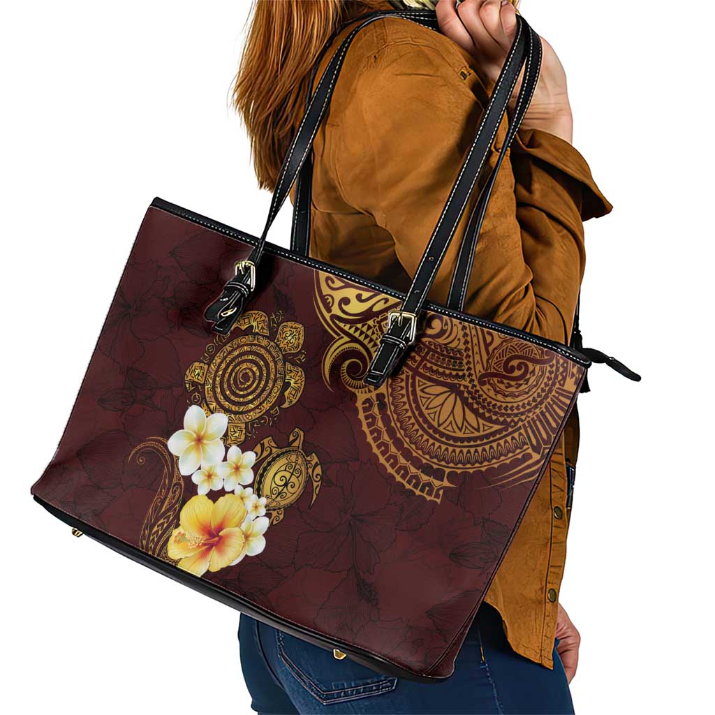 Polynesian Turtle Leather Tote Bag Plumeria Hibiscus Pattern Oxblood LT03 - Polynesian Pride