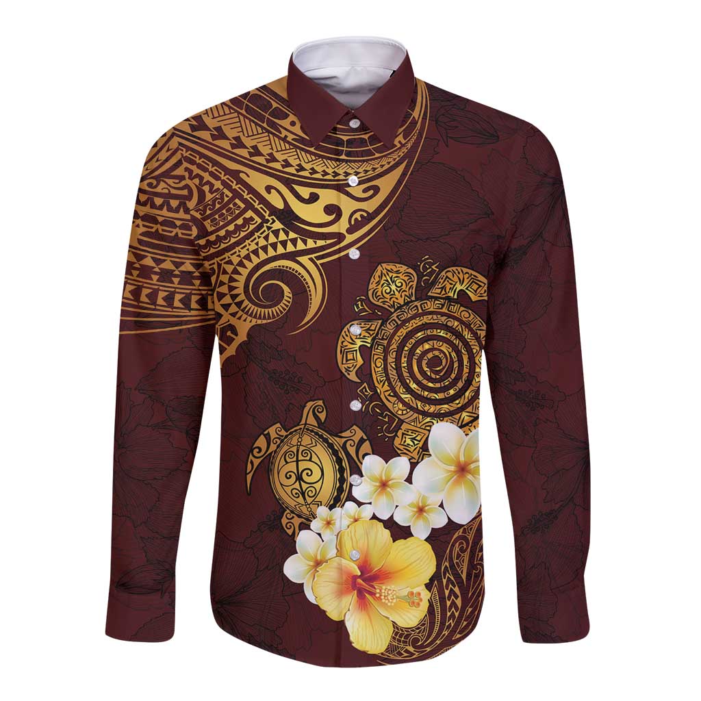 Polynesian Turtle Long Sleeve Button Shirt Plumeria Hibiscus Pattern Oxblood