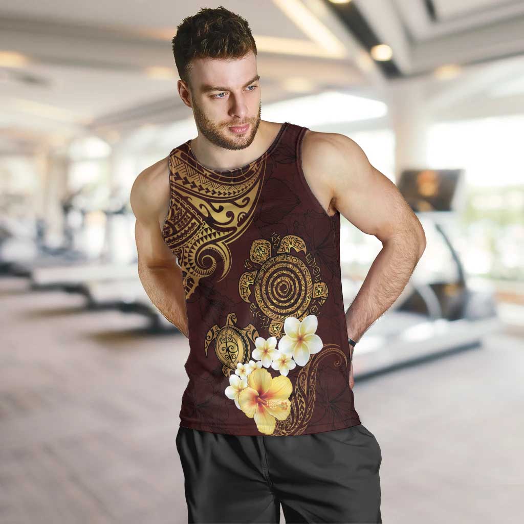 Polynesian Turtle Men Tank Top Plumeria Hibiscus Pattern Oxblood