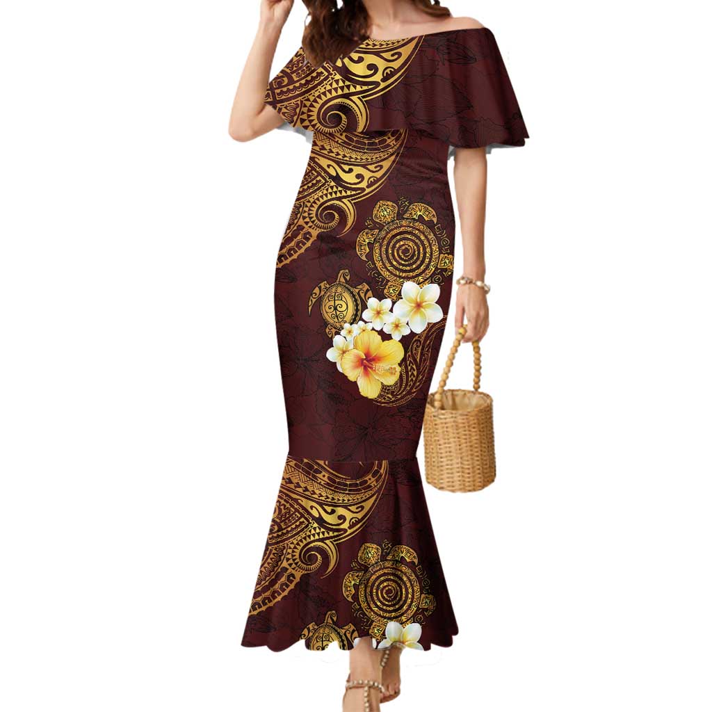 Polynesian Turtle Mermaid Dress Plumeria Hibiscus Pattern Oxblood