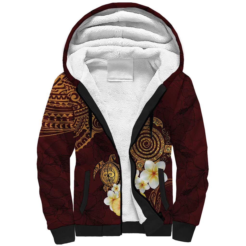 Polynesian Turtle Sherpa Hoodie Plumeria Hibiscus Pattern Oxblood LT03 Unisex Oxblood - Polynesian Pride