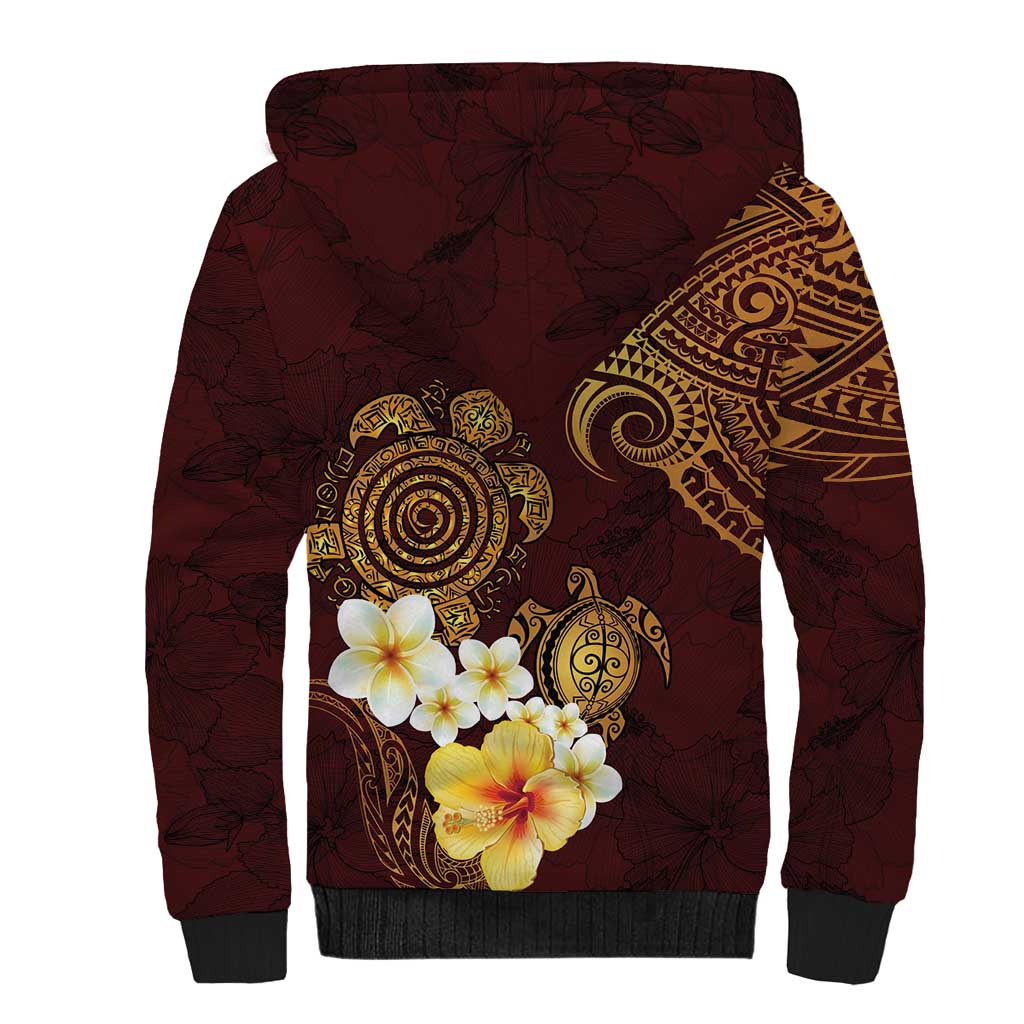 Polynesian Turtle Sherpa Hoodie Plumeria Hibiscus Pattern Oxblood LT03 - Polynesian Pride