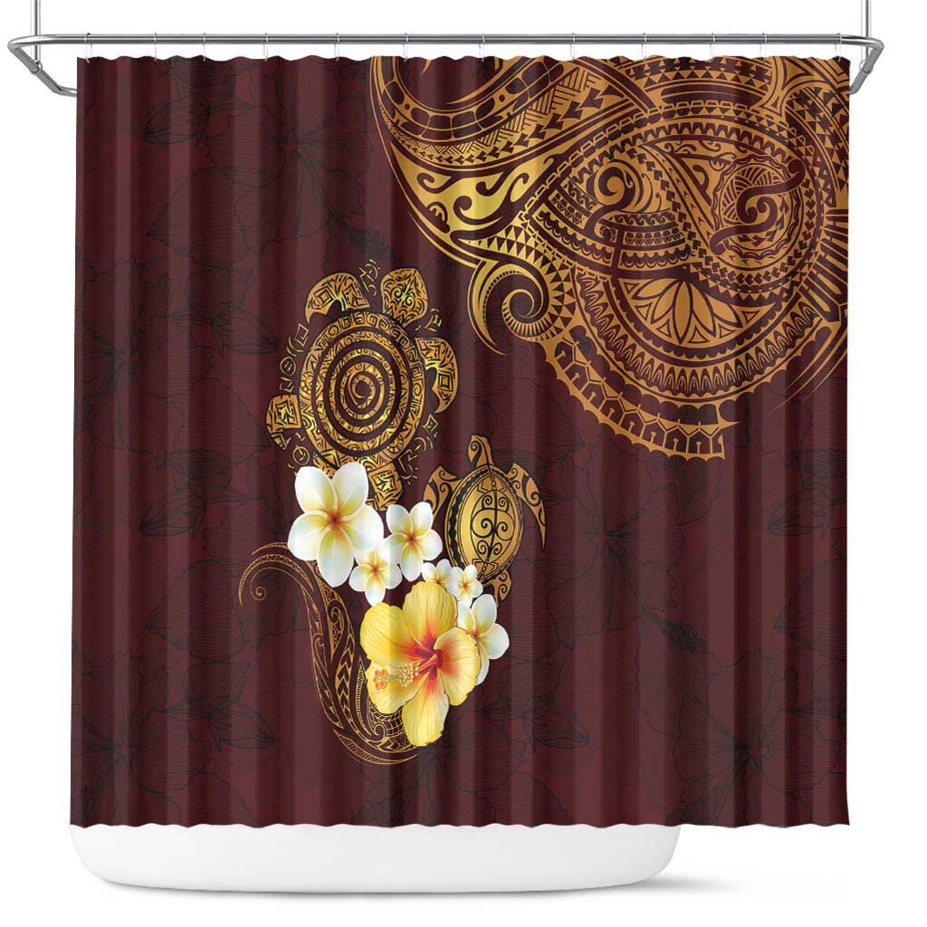 Polynesian Turtle Shower Curtain Plumeria Hibiscus Pattern Oxblood