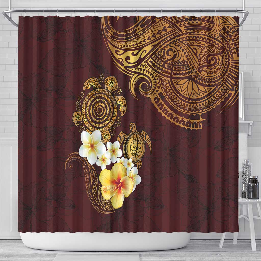 Polynesian Turtle Shower Curtain Plumeria Hibiscus Pattern Oxblood