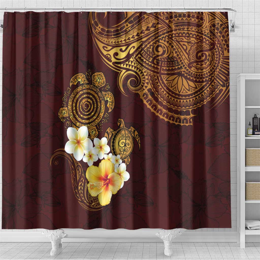 Polynesian Turtle Shower Curtain Plumeria Hibiscus Pattern Oxblood