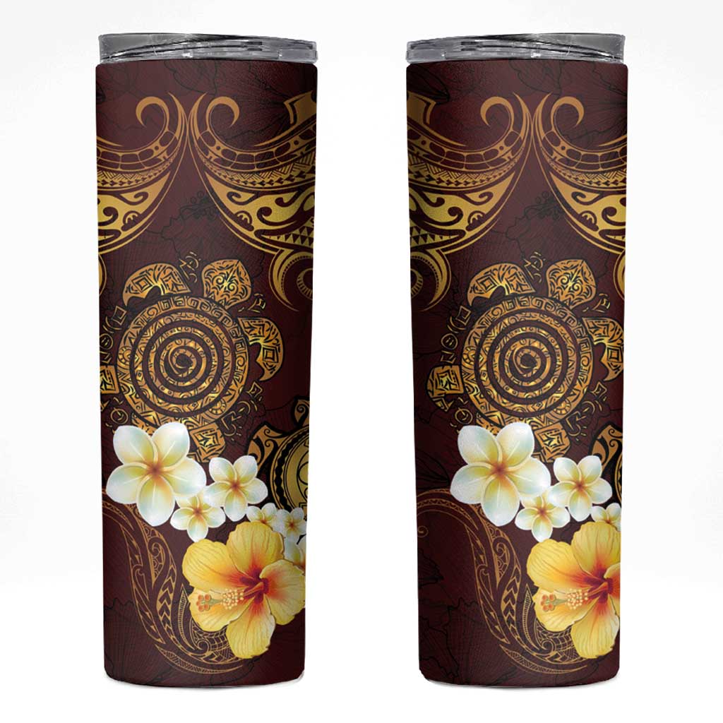 Polynesian Turtle Skinny Tumbler Plumeria Hibiscus Pattern Oxblood