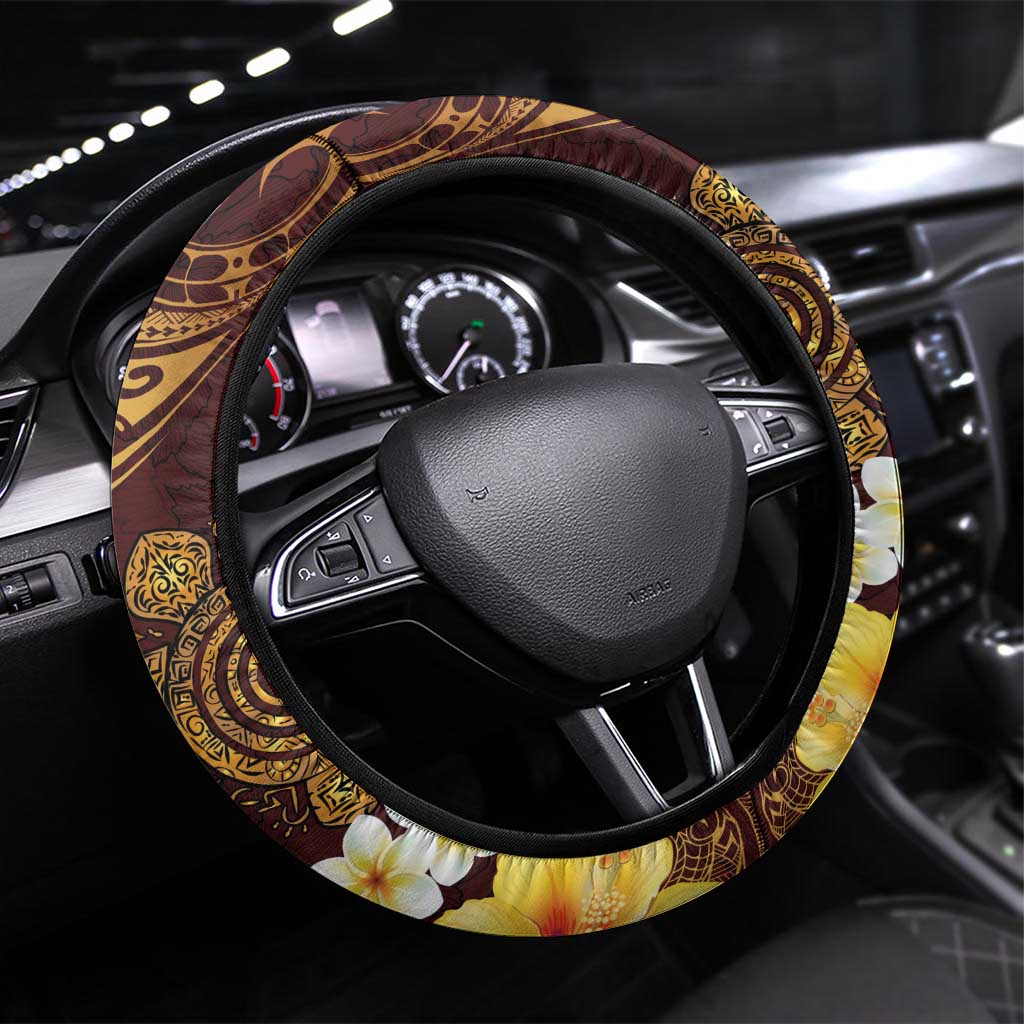 Polynesian Turtle Steering Wheel Cover Plumeria Hibiscus Pattern Oxblood LT03 Universal Fit Oxblood - Polynesian Pride