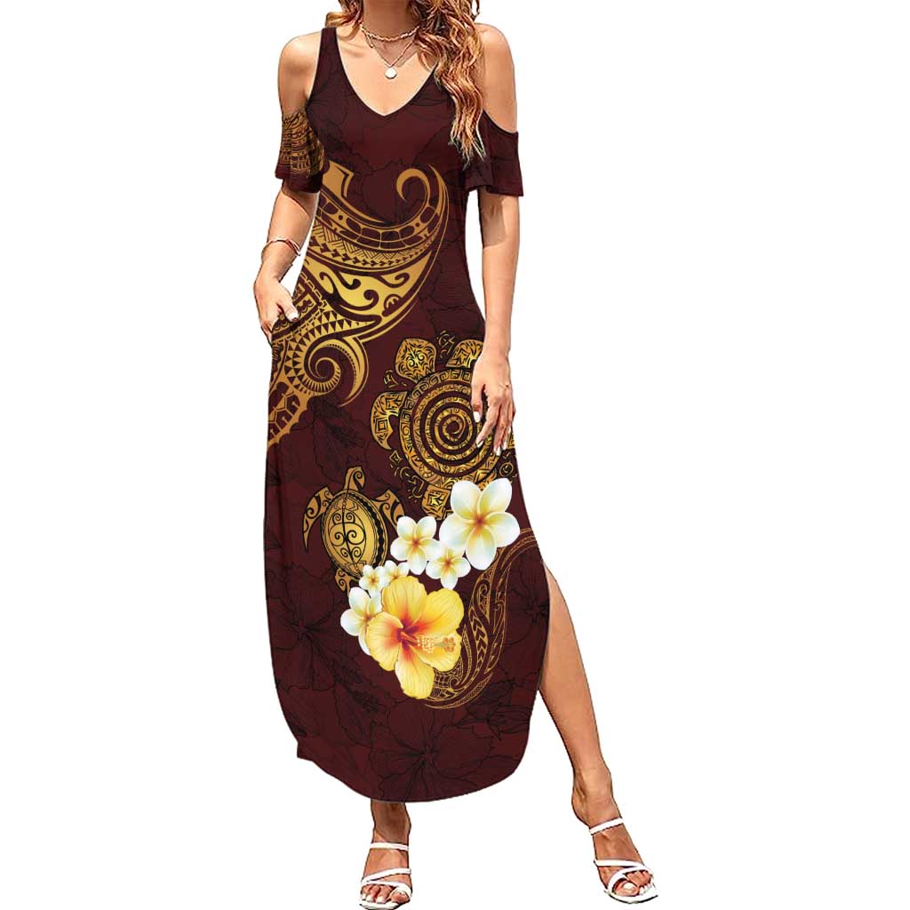 Polynesian Turtle Summer Maxi Dress Plumeria Hibiscus Pattern Oxblood