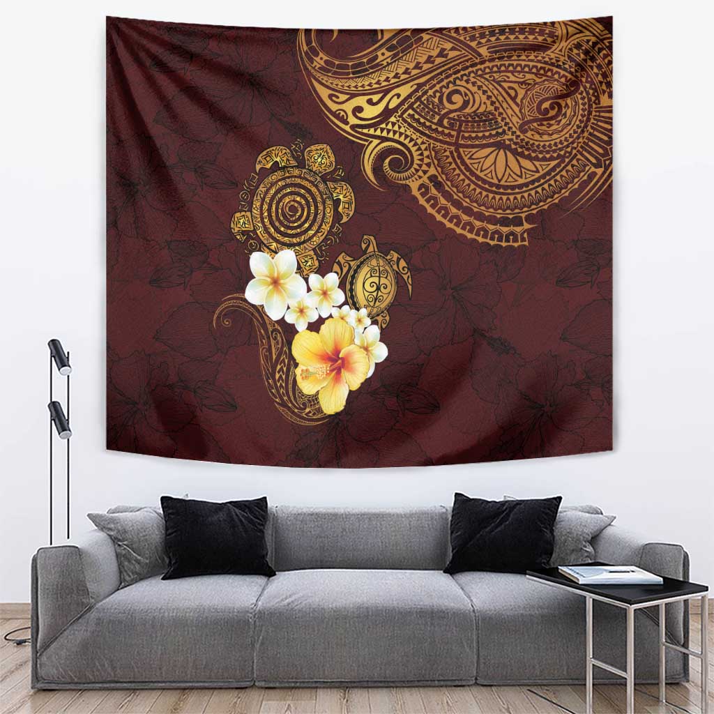 Polynesian Turtle Tapestry Plumeria Hibiscus Pattern Oxblood