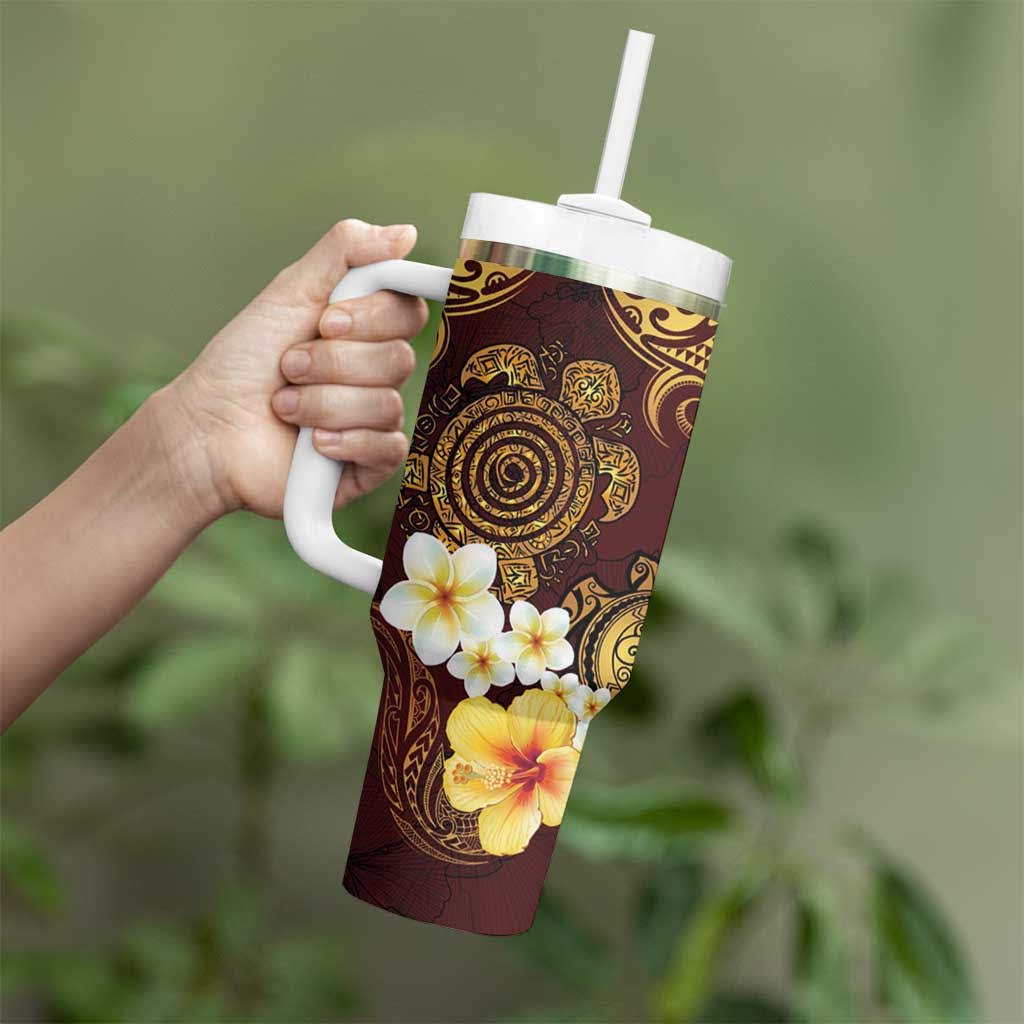 Polynesian Turtle Tumbler With Handle Plumeria Hibiscus Pattern Oxblood LT03 - Polynesian Pride