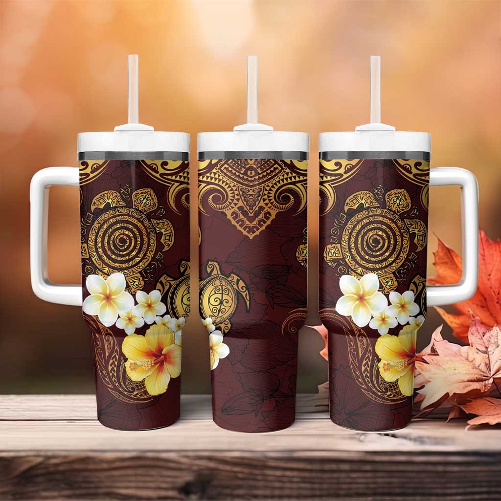 Polynesian Turtle Tumbler With Handle Plumeria Hibiscus Pattern Oxblood LT03 - Polynesian Pride