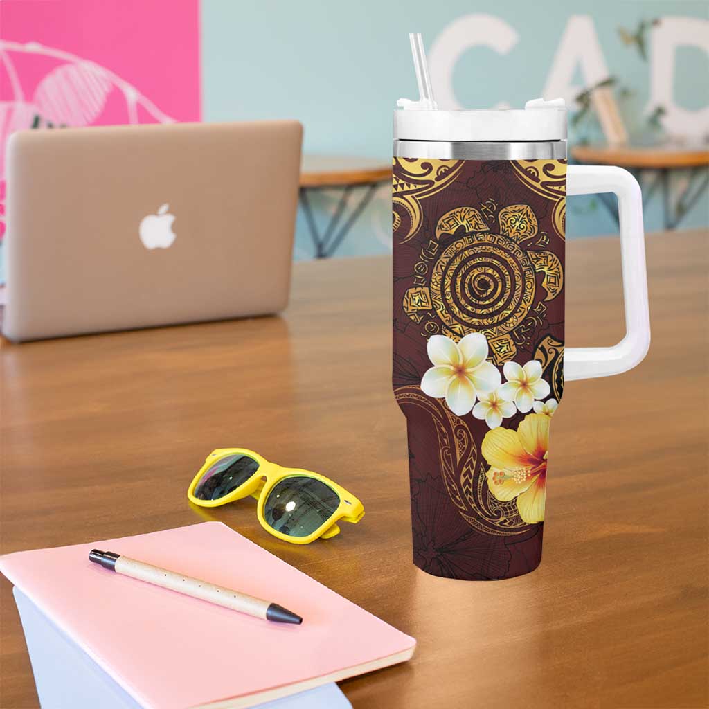 Polynesian Turtle Tumbler With Handle Plumeria Hibiscus Pattern Oxblood LT03 - Polynesian Pride