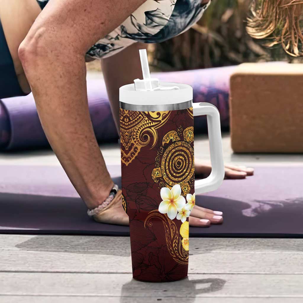 Polynesian Turtle Tumbler With Handle Plumeria Hibiscus Pattern Oxblood LT03 - Polynesian Pride
