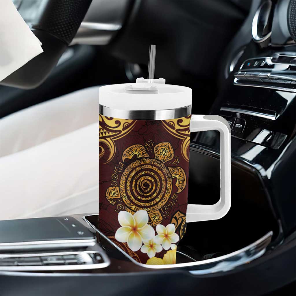 Polynesian Turtle Tumbler With Handle Plumeria Hibiscus Pattern Oxblood LT03 - Polynesian Pride